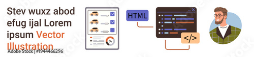 Web development, programming, coding, technology education, software design, user interface creation. A developer avatar next to HTML tags and a chart. Web development and programming concept