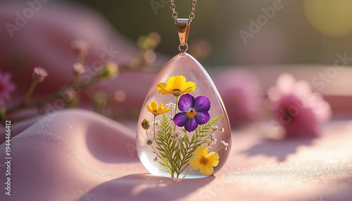 Floral resin pendant with yellow and purple flowers on soft fabric  