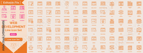 Web development Big set of web icons in line style. Developer icons for web and mobile app. Code, api, programmer coding, app, flow, node connect, web coder, bug fix and more. Vector illustration