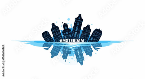 Pixelated silhouette of Amsterdam canal houses reflected in water