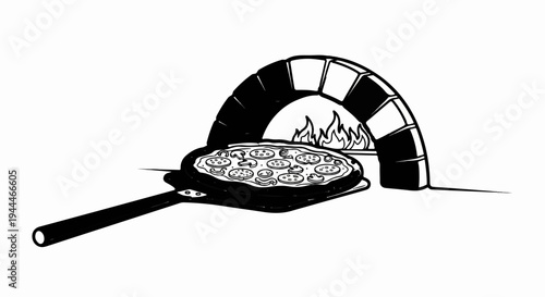 Pizza with toppings on peel before a stone oven with fire