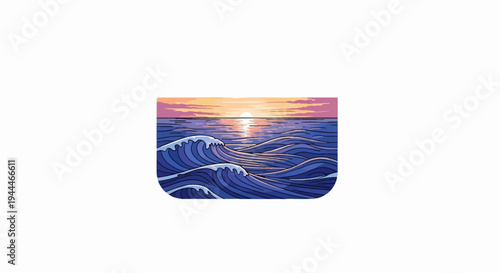 Pixelated ocean waves crash under a serene sunset sky with vibrant hues