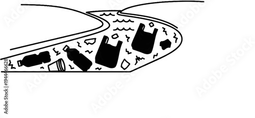 Plastic waste pollutes a flowing river, creating an environmental hazard