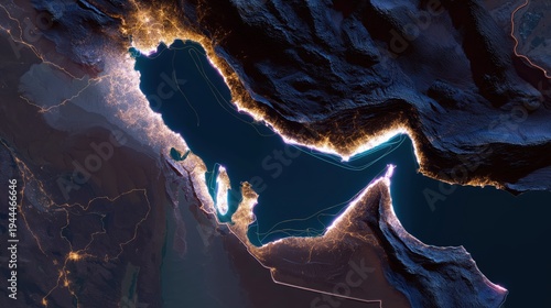 Aerial view of Gulf coastline with illuminated landforms at night  