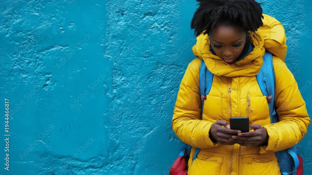 custom made wallpaper toronto digitalPerson in yellow coat looking at phone, leaning against a blue wall with a backpack