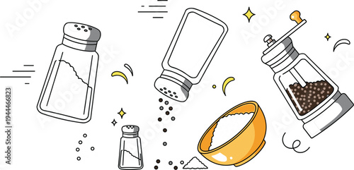 Salt and Pepper Seasoning Cartoon Vector Set with Spice Shakers, Grinder Bottles, and Kitchen Condiment Illustration for Cooking and Food Preparation