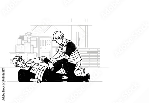 One worker helps another who has fallen on a factory floor