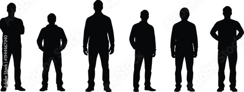 Set of men standing silhouettes in various poses and heights black flat vector figures of male characters isolated on white background for design.