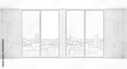 Minimalist interior view through large windows to a city skyline