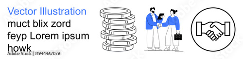 Business strategy, teamwork, partnership, financial success, communication, collaboration. Stack of coins, two professionals shaking hands and handshake icon. Partnership and financial success