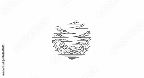 Minimalist line art depicts a stylized sunrise over serene ocean waves