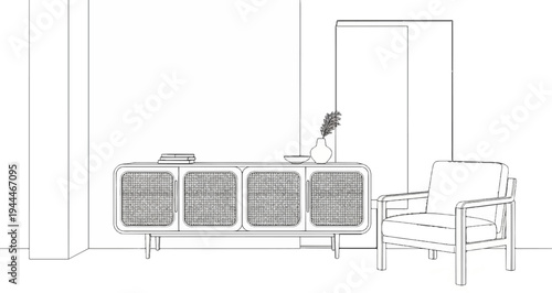 Minimalist interior sketch features a woven cabinet and armchair