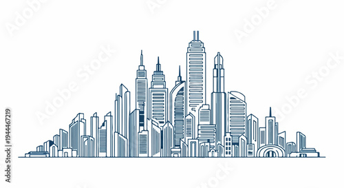 Minimalist line art of a sprawling, modern city skyline at dawn