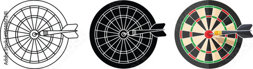 Three dartboard illustrations with darts hitting the bullseye featuring outline solid black and full-color designs symbolizing success accuracy and goal achievement