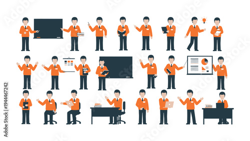 Education and Guidance: A collection of illustrations depict a versatile educator in various teaching and presentation scenarios.