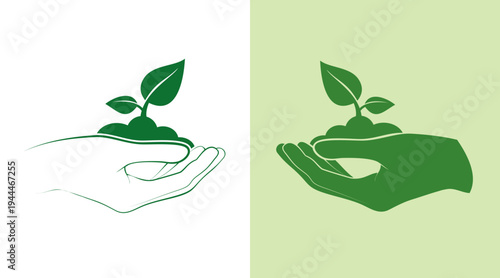 Hand holding a green plant sprout, Environmental Care Concept, Protecting the Earth Together