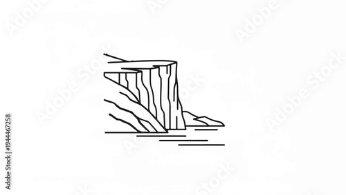 Minimalist line drawing of a cliff face meeting the water