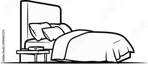 Minimalist line drawing of a neatly made bed with pillows on a nightstand