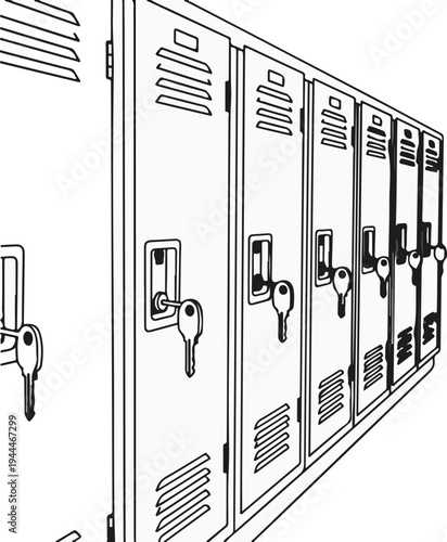 Rows of lockers with keys in locks, seen from an angle