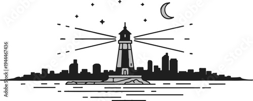 Minimalist nighttime cityscape with a prominent lighthouse guiding ships
