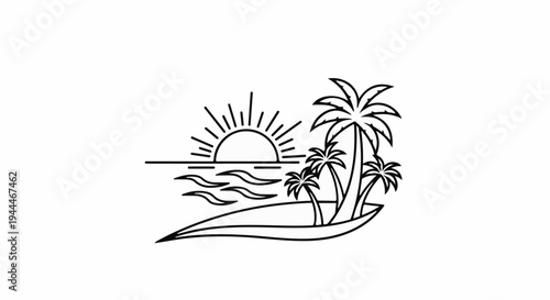 Minimalist outline of a tropical beach scene with palm trees and setting sun