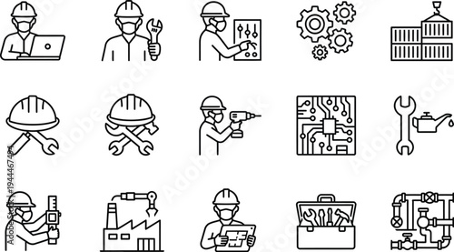 Collection of various construction worker icons and tools in line style