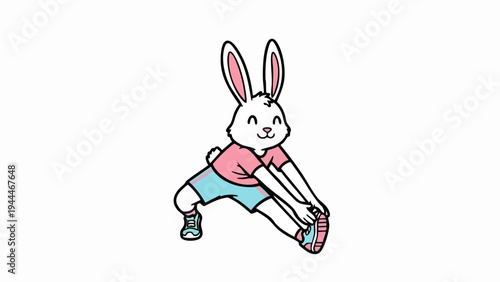 Cute cartoon rabbit stretching before exercise or workout.