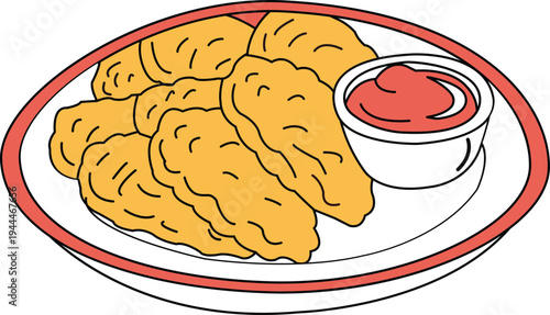 A plate of crispy fried chicken nuggets with dipping sauce vector illustration