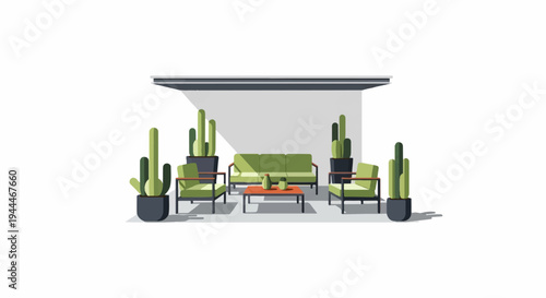 Minimalist patio seating area with potted cacti and modern furniture