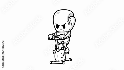 Determined Cartoon Boxer Exercising on Stationary Bike with Focused Expression.