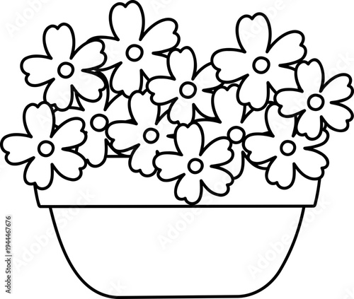 Spring garden flower pot outline illustration for coloring page clipart.
Cute Blooming potted plant line art illustration for printable.