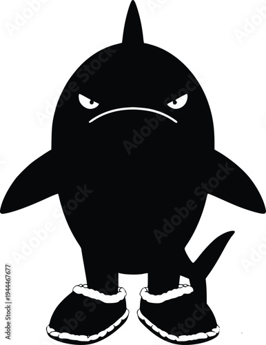 Cartoon shark character wearing sneakers and looking grumpy