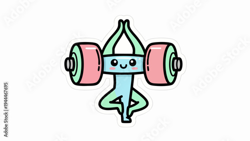 Cartoon character doing yoga with weights, fitness and wellness concept.