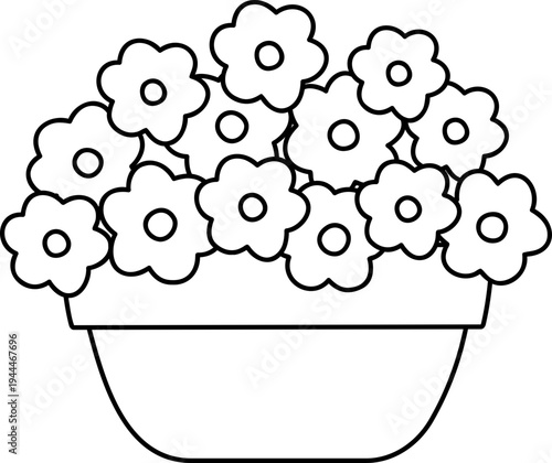 Spring garden flower pot outline illustration for coloring page clipart.
Cute Blooming potted plant line art illustration for printable.
