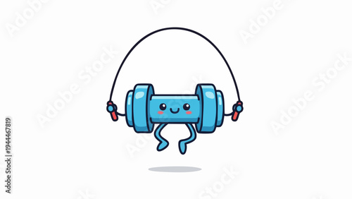 Cartoon dumbbell character skipping rope for fitness exercise training.