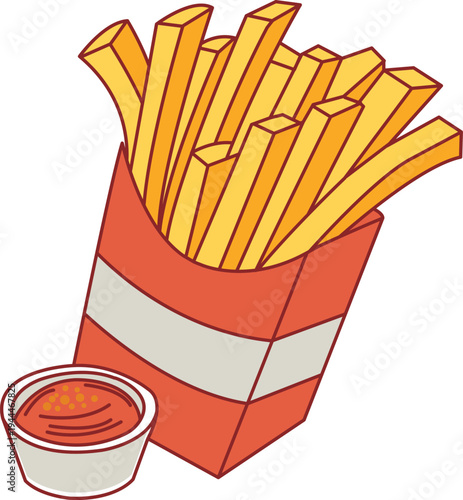 A tasty serving of french fries in a red and white striped container with dipping sauce, vector illustration
