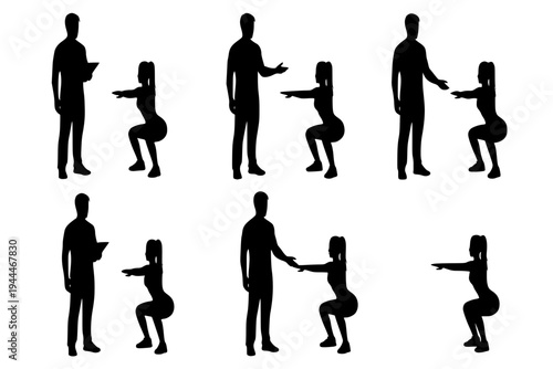 Personal Trainer Coaching Woman Squat Exercise Fitness Assessment Gym Workout Concept Black Vector Silhouette