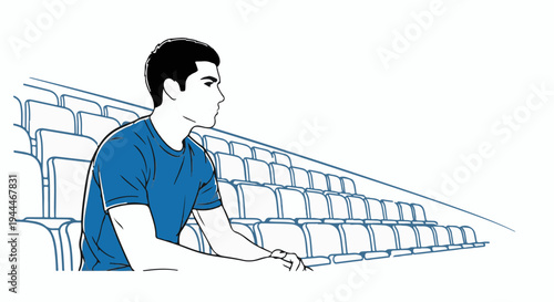 Person in blue shirt sits in empty stadium seats, looking intently to the right