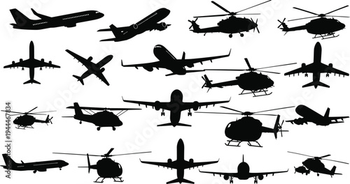 Airplane and helicopter silhouette collection, aviation aircraft set with passenger planes and choppers, transportation vector illustration isolated on white background