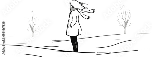 Minimalist sketch of a lone figure in a coat and scarf amidst bare trees