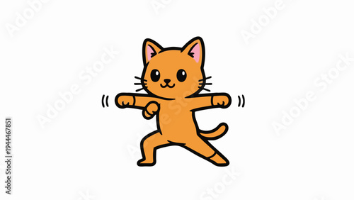 Cute orange cat cartoon character doing exercise with arms outstretched.