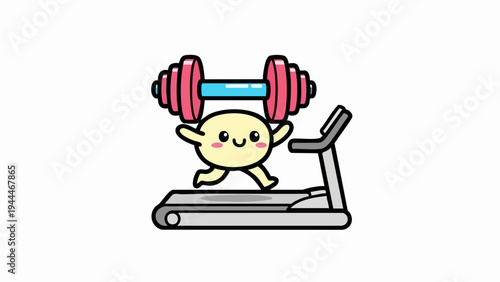Cartoon character exercising with dumbbell on treadmill for fitness.