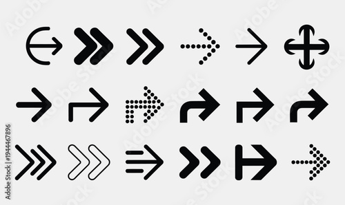 Set of Minimalist Black Arrow Icons and Directional Pointers with Dotted and Bold Styles for Navigation and User Interface Design