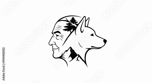 Profile of an old man's head merges into a dog's head with mountains and trees