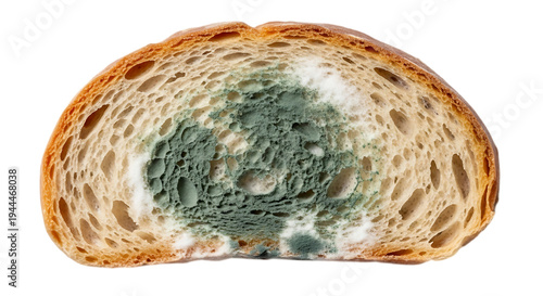 Moldy bread interior with green fungus.