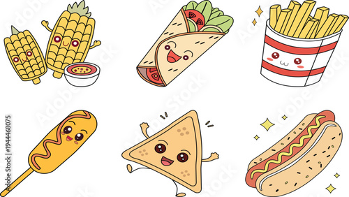 A set of six cartoon fast food items smiling with happy faces vector illustration