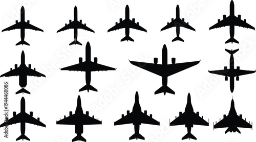 Airplane silhouette collection vector illustration, commercial passenger aircraft top view set, aviation transport icons, isolated black plane shapes, airline travel design bundle
