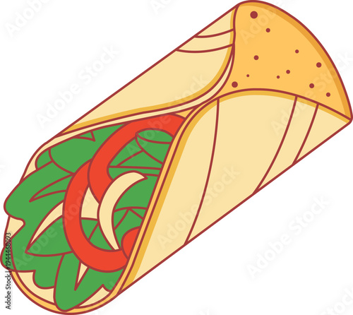 A delicious mexican food burrito with lettuce and tomato filling vector illustration