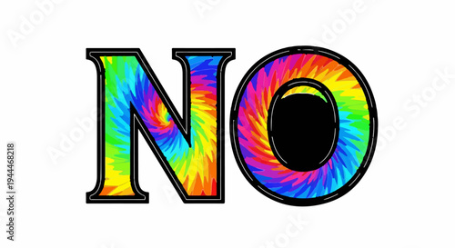 Psychedelic letters NO with vibrant tie-dye pattern and black outline