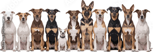 Row of Different Dog Breeds Sitting Together Illustration, Domestic Pet Collection Vector, Cute Canine Lineup Isolated on White Background